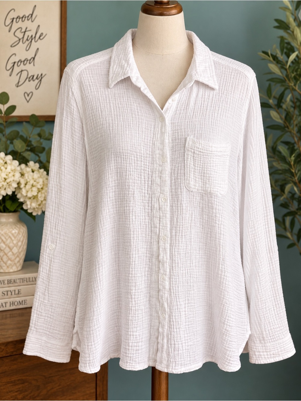 Anne Klein Jeans White Gauze Button Front Shirt XL Textured Roll Tab Sleeve